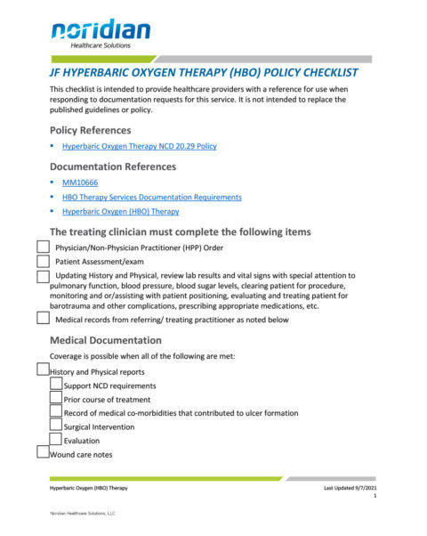 Noridian: Here's Their Hyperbaric Oxygen Checklist - Caroline Fife M.D.