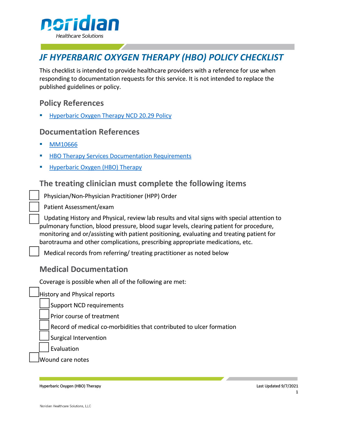 Hyperbaric Oxygen Therapy (HBO) Policy Checklist