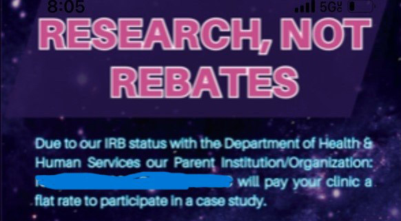 “Research Not Rebates”… and “Our IRB Status with the Department of Health and Human Services…” Hmmmmmm……..