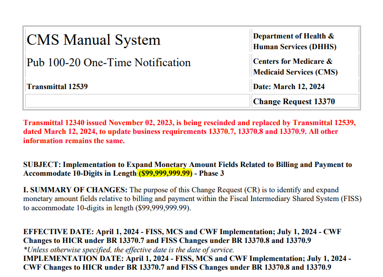 It’s Finally Happened – CMS Has Issued Instructions on How to Bill a Claim for $99,999,999,99